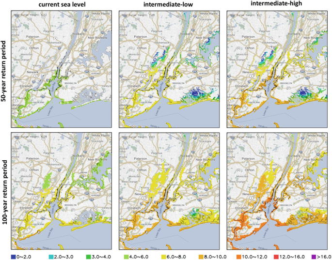 The image has the same 6 maps of the New York City region on the east coast. The maps are for 50 and 100-year return periods and 3 maps for each. Various colors are used along the coast. 50 has mild colors indicating low intensity and 100 has darker colors indicating high intensity. Intensity goes on increasing along the bottom right.