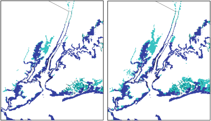 An image with 2 maps of the same New York region on the eastern coast of the United States. Most of the bottom part of the coast is marked with a darker color in both the maps but a paler color is present and only in a few parts above the darker shade on the top.
