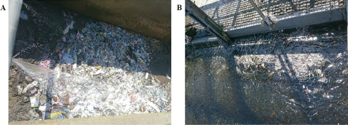 The left photograph captures discharge water flushed against rocks. The right photograph depicts waste dumped at an entrance.