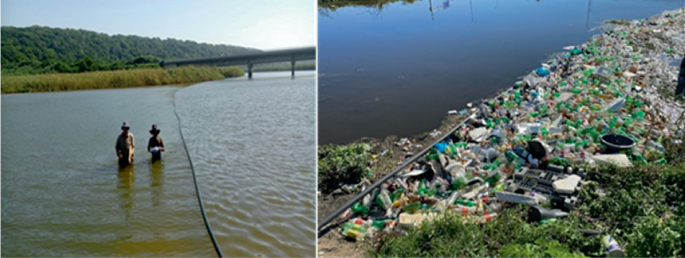 The left photograph has two people standing in a river. The right photograph captures dumped plastic waste by a riverside.