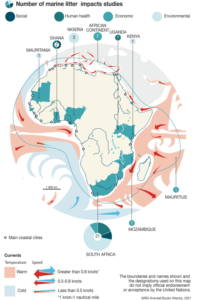 A map of Africa classifies countries on their progress made in marine litter based on social, human health, economic, and environmental segments. Also, the map highlights the flow of warm and cold currents, in knots. South Africa excels in all segments of marine litter classification.