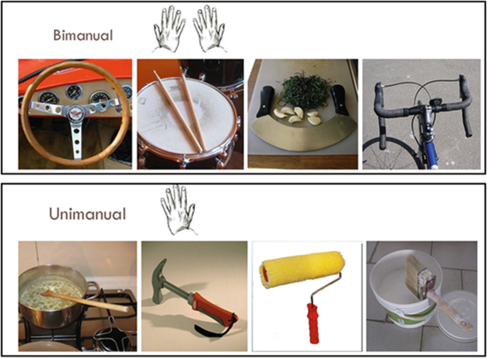 An image of the unimanual and bimanual instruments utilized as stimuli. Bimanual tools are at the top, and Unimanual tools are at the bottom.