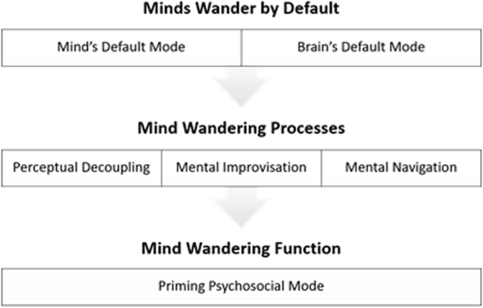 A flowchart explains the mind wandering process, beginning with the mind's default mode and the brain's default mode, followed by perceptual decoupling, mental improvisation, and mental navigation, and priming psychosocial mode.