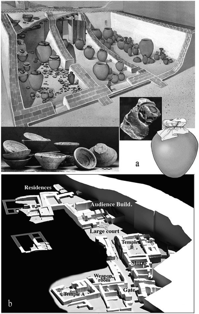 Two illustrations labelled A and B. A depicts a drawing of the three storerooms with restored materials, along with the photograph of a few materials. B depicts a three dimensional drawing of the Arslantepe Palace.