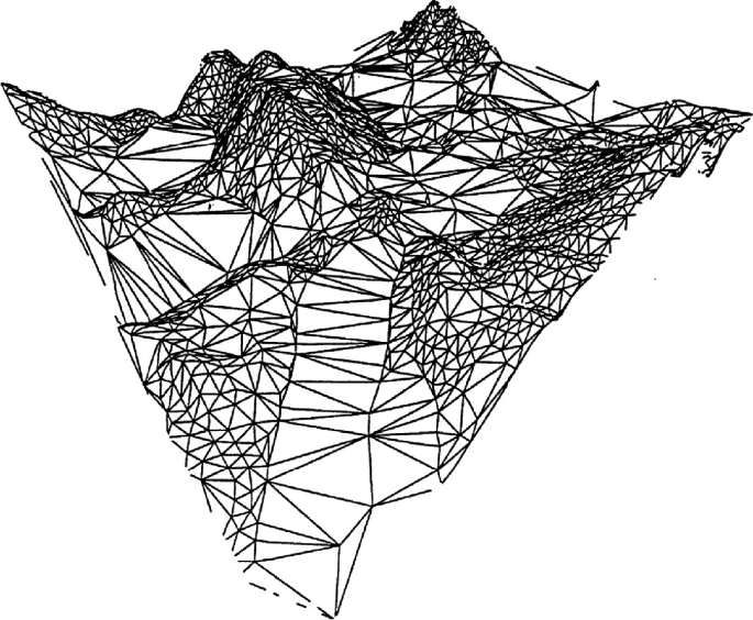 An illustration of a large network in the shape of uneven triangles.