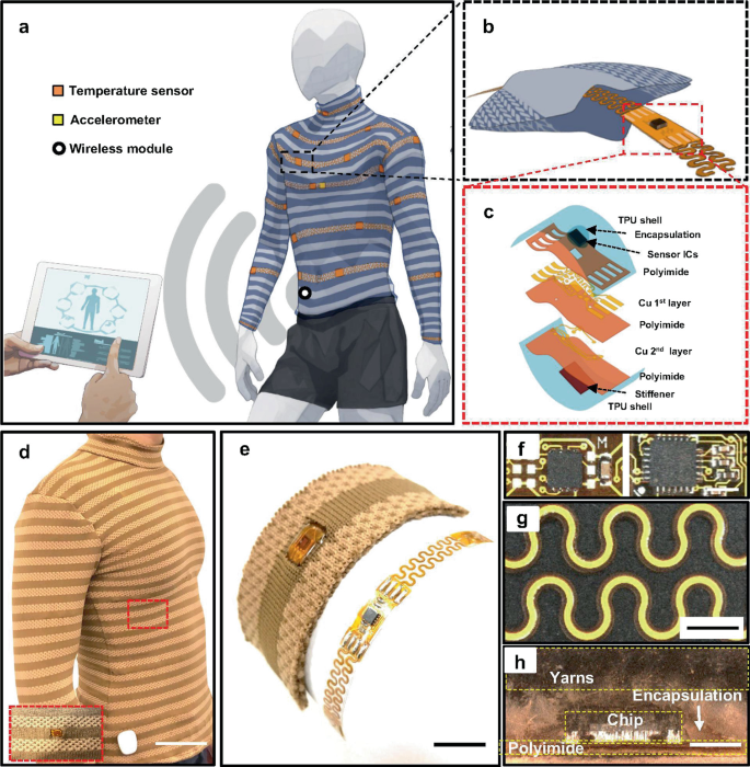 A set of 8 illustrations represents the different locations of sensors, the different layers in the sensor, the morphology of the wearable, and the circuits.