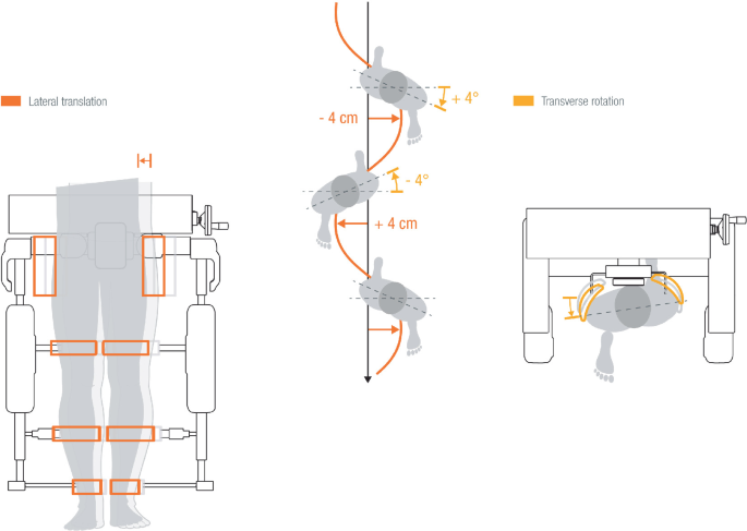 A set of 3 illustrations. A for lateral translation with pelvis and leg movement indicated. B and C represents transverse rotation.