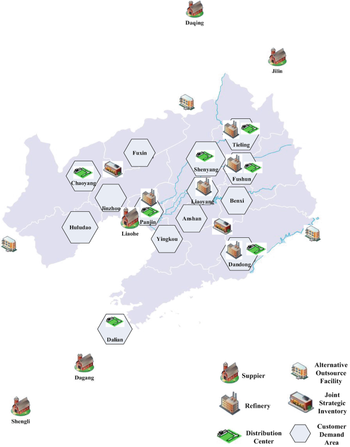 A map portrays some data of Suppliers, Refinery, Distribution center, Customer demand area, alternative outsource facility, and Joint strategic inventory.