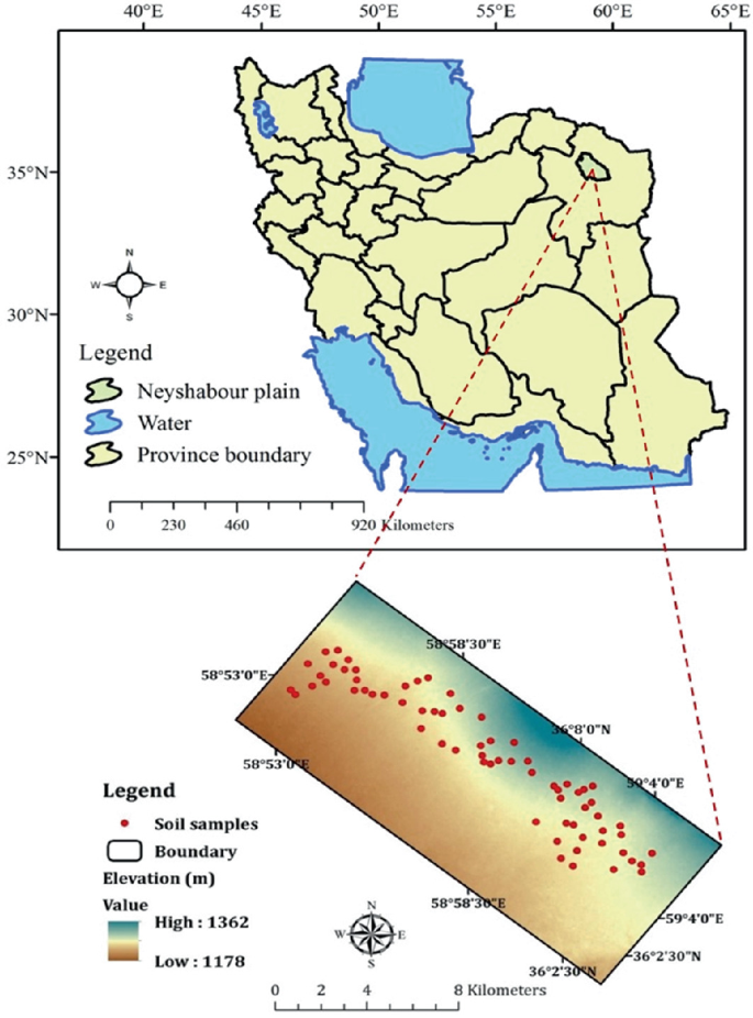 A map of Khorasan-e-Razavi province, with Neyshabur Plain, magnified into another image. The magnified Neyshabur Plain has areas marked in dots to represent soil sampling locations.