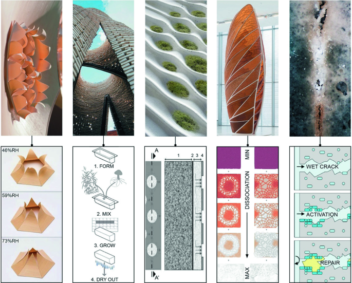 A collage of five architectural pavilions and their schematics, organized in two rows and five columns.