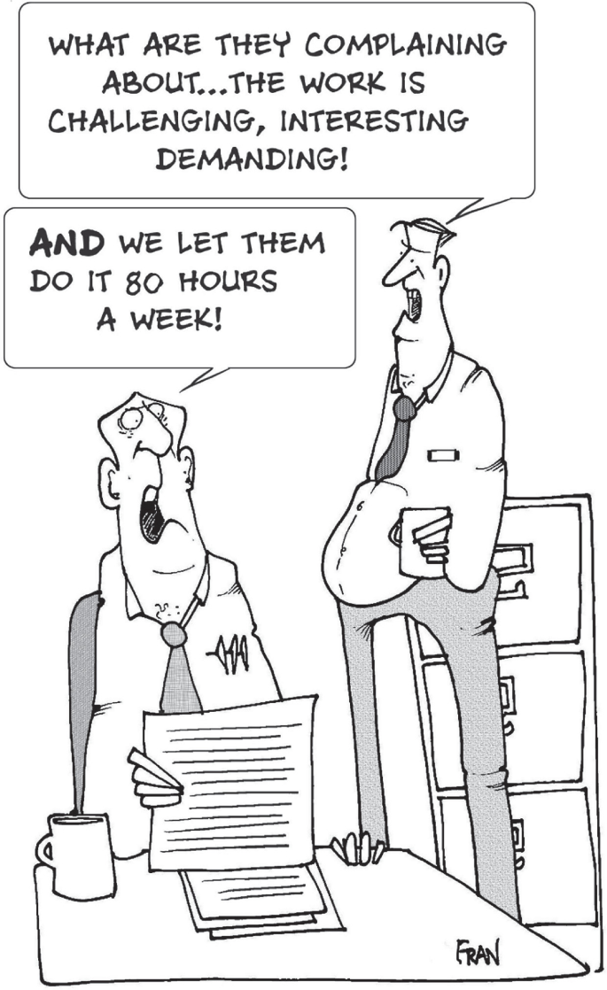 A cartoon depicts a conversation between 2 managers in a workspace. They talk about the increasing pressure of work and the increased time shifts, 80 hours a week.