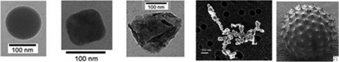 5 microscopic images of atmospheric particles. The first one is circular with about 100 nanometers in diameter, the second image has an irregular boundary, a 3 dimensional structure of the particle, and an image that has a ribbon like structure with circular particles in the background. The last image is of a pollen grain with spiky outer covering.