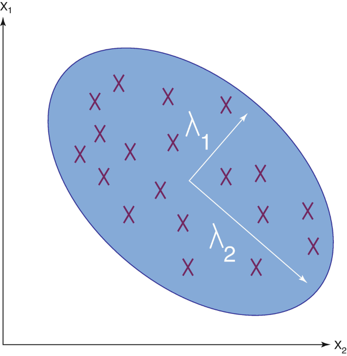 A graph of X subscript 1 versus X subscript 2 depicts an elliptical structure with X elements and dimensions in terms of lambda.