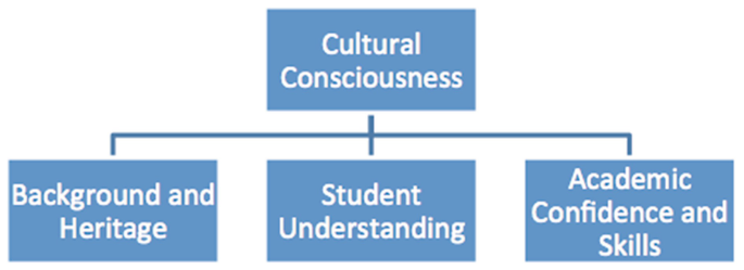 A flowchart displays three cultural consciousness themes: background and heritage, student understanding, and academic confidence and skills.