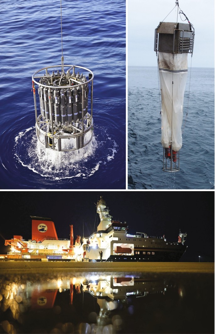 3 photos. 1. It is large equipment that is submerged in the sea. 2. It displays a large bag held by a crane lifted from the sea. 3. A massive ship at night on a sea.
