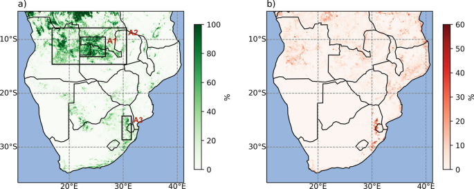 2 maps of the southern part of the African subcontinent. They illustrate forest cover and plantation loss. Forest cover is high in the central region while forest loss is dispersed.