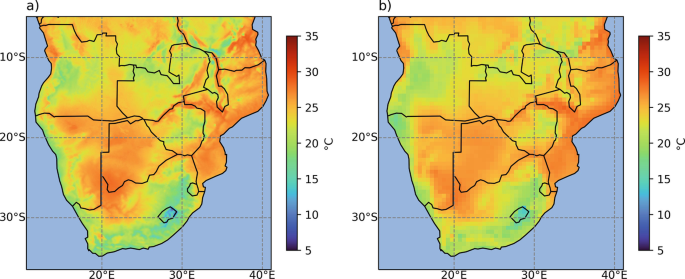 2 maps of the southern part of the African subcontinent. They illustrate the temperature range. The east coast is comparatively warmer than the other regions.