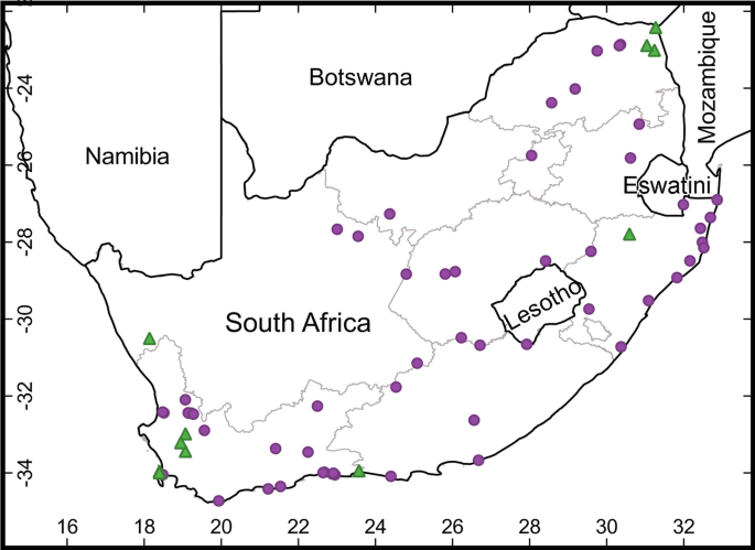 A map of the South Africa with neighboring countries. Boundaries of Lesotho in southwest and and Eswatini in east are marked. A few small triangles are near the south and northeastern boundary, and several sparse dots are marked throughout.
