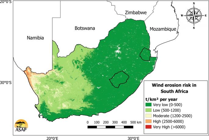 A map of South Africa shades the places for 5 wind erosion risks, very low, low, moderate, high, and very high. The majority of the region has very low wind erosion risk, followed by low risk. The marked area with the highest value is along the boundary of Namibia and South Africa.