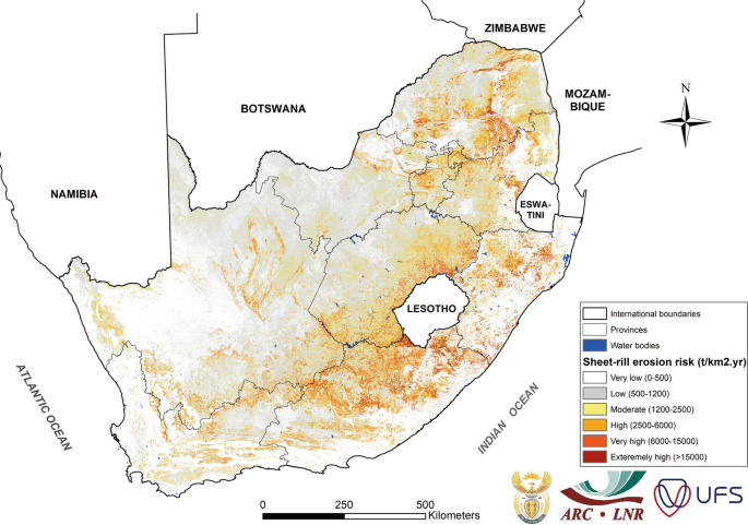 A map of the South Africa. It marks the places for sheet rill erosion risk levels, very low, low, moderate, high, very high, and extremely high. The higher values are scattered in the eastern cape.