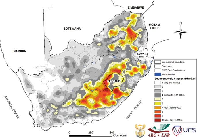 A map of South Africa marks the places for sediment yield classes from 1 to 10. The highest yield class is scattered in the Eastern Cape, Free State, and KwaZulu Natal.