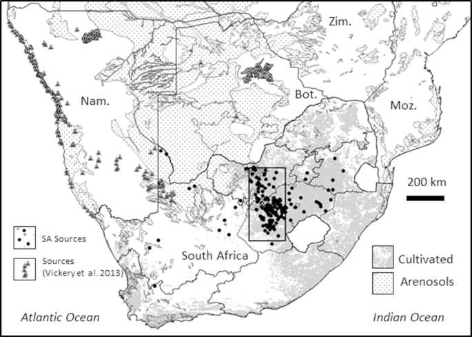 A map of South Africa locates the S A sources and sources of Vickery et al. 2013. It highlights the places for cultivated and arenosols. The S A sources are clustered in a free state and the sources are clustered along the coast of Namibia.