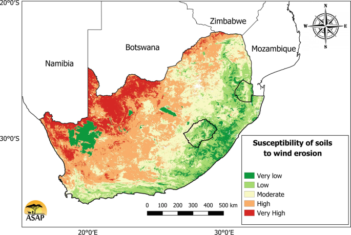 A map of South Africa marks the places for 5 susceptibility levels of soils to wind erosion: very low, low, moderate, high, and very high. The marked area for highest value is present along the border of South Africa with Namibia, and Botswana.