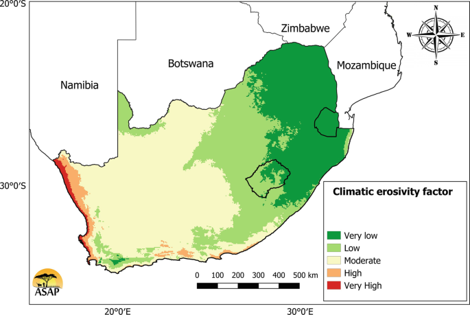 A map of South Africa marks the places for 5 climatic erosivity factor, very low, low, moderate, high, and very high. The shade for highest value is present along the border of South Africa with Namibia, and Botswana. The marked areas with the highest value is along the coastal region of the West Coast.