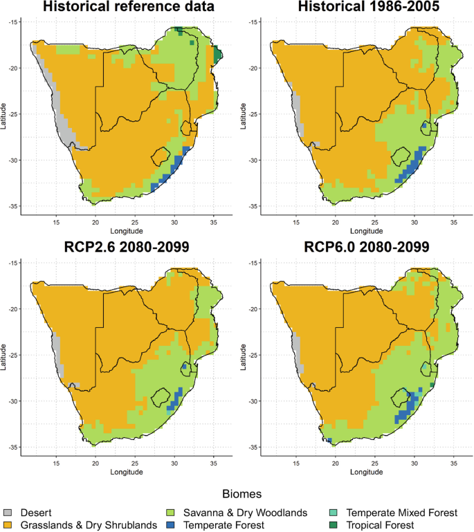 4 plots for the latitude versus longitude. The biome variation is depicted in the map based on historical reference data, historical 1986 to 2005, R C P 2.6 from 2080 to 2099, and R C P 6.0 from 2080 to 2099. The majority of areas are covered by grasslands and dry shrublands.