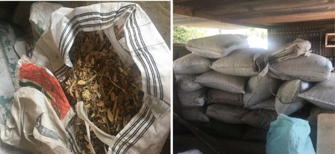 Two photos. The photo on the left captures an open sac with a supplemental feed of farmers made of dry crops. The photo on the right captures stacked sacs.