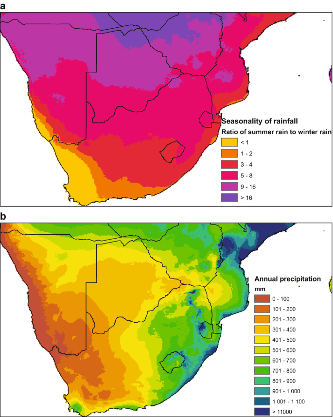 Two heat maps. The top map exhibits the seasonality of rainfall with a ratio of summer rain to winter rain ranging from greater than 1 to less than 16. The bottom map exhibits the annual precipitation in millimeters ranging from 0-100 to less than 11000.