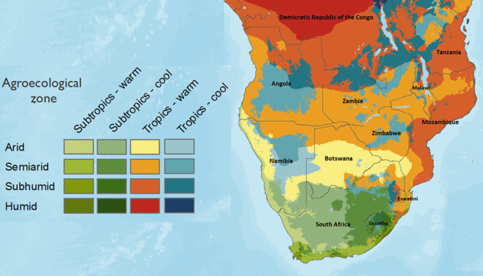 A map of the agroecological zone in Southern Africa. The color-coded regions marked are arid, semi-arid, sub-humid, and humid. The regions marked are Botswana, Namibia, Zimbabwe, Zambia, etcetera.