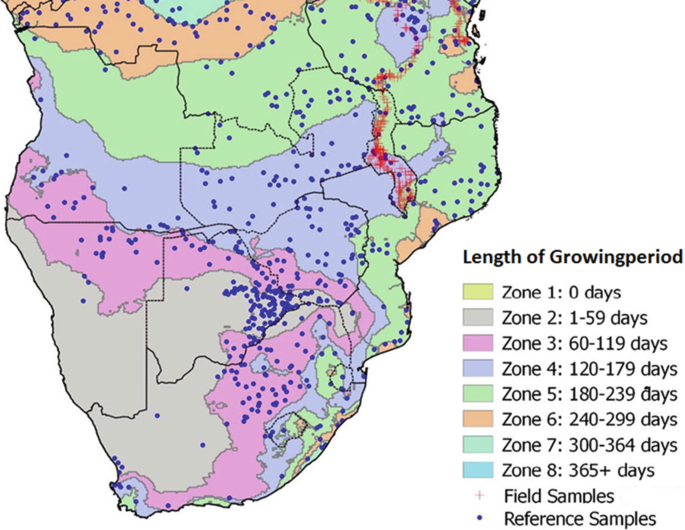 A map of South Africa with regions marked for the length of the growing period as zones 1 to 9 along with field samples and reference samples.