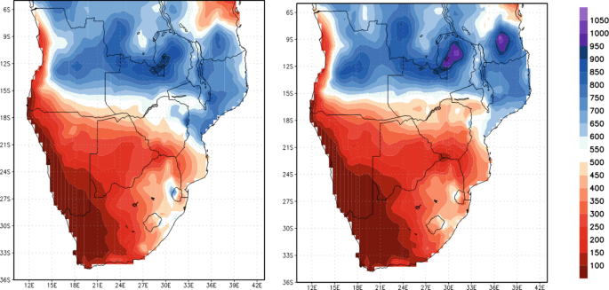 2 maps of Southern Africa depict the seasonal precipitation conditions from 100 to 1050.