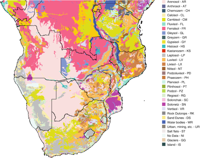 A map for the classification of Southern African soils. The soils marked are Arenosol, Anthrosol, Chernozem, Clacisol, Cambisol, Fluvisol, Ferralsol, Gleysol, Greyzem, Gypsisol, etcetera.
