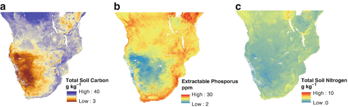 3 maps for Southern Africa. A depicts the total soil carbon, with a high of 40 and a low of 3. B depicts extractable phosphorous in p p m, with a high at 30 and a low at 2. C depicts total soil nitrogen with a high of 10 and a low of 0.