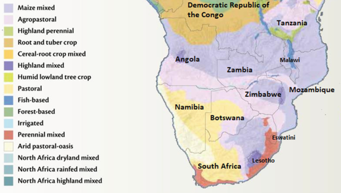 A map of Southern Africa depicts the farming systems. The systems marked are maize mixed, agropastoral, highland perennial, root and tuber crop, cereal-root crop mixed, highland mixed, humid lowland tree crop, etcetera.