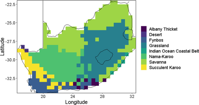 A biome map of SANBI plots latitude versus longitude. It represents the regions of Albany Thicket, desert, fynbos, grassland, Indian Ocean coastal belt, nama-karoo, savanna, and succulent karoo.