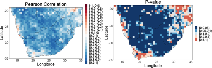 Two color-coded maps plot latitude and longitude, with one map displaying Pearson correlation coefficients and the other exhibiting P-values.