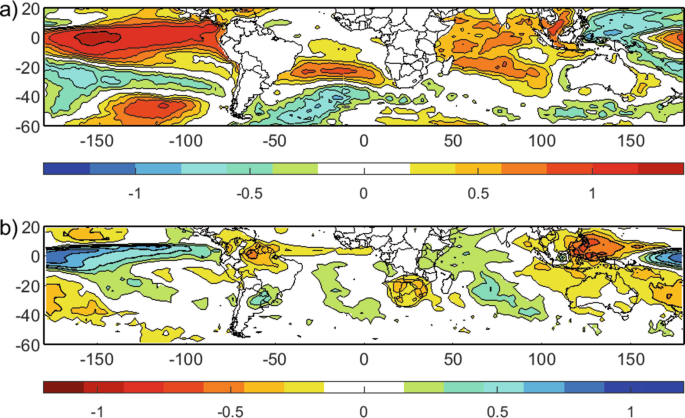 Two color coded maps depict sea surface temperature at the top and rainfall seasonal standardized anomalies at the bottom.