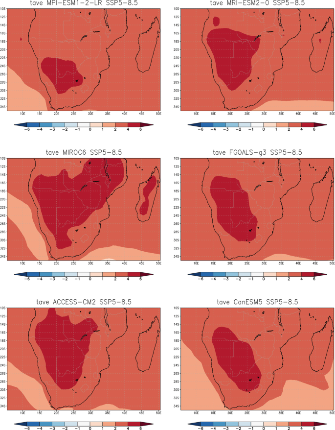 6 maps exhibit the data for annual average temperature changes in degrees centigrade over time. The areas indicate the changes based on the color gradient scale ranging from negative 6 to positive 6.