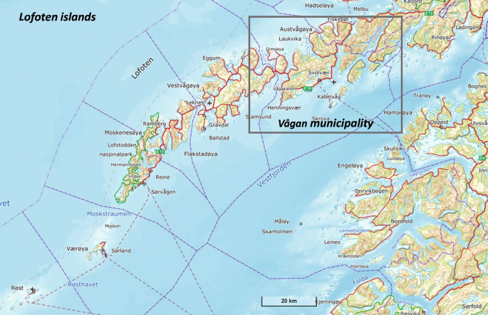 A map of Lofoten islands depicts various places in which V&#x00E5;gan municipality is highlighted.