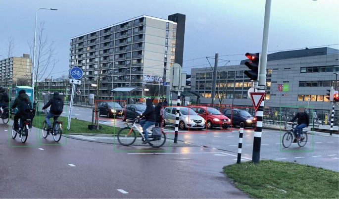 A photograph of a road with cars, buildings, and people on bicycles. The objects are highlighted with the help of square labels.