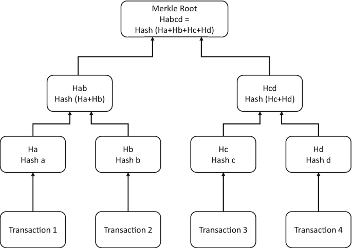 A flowchart depicts the Merkle tree having transactions 1, 2, 3, and 4, which lead to H a, b, c, and d respectively. Hash a and b lead to h a b, hash c and d lead to h c d and leads to Merkle Root.