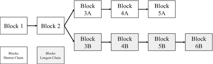 A flowchart reads as follows. Block 1 and block 2 are divided into blocks 3 A, 4 A, and 5 A are shorter chains, and blocks 3 B, 4 B, 5 B, and 6 B are longer chains.