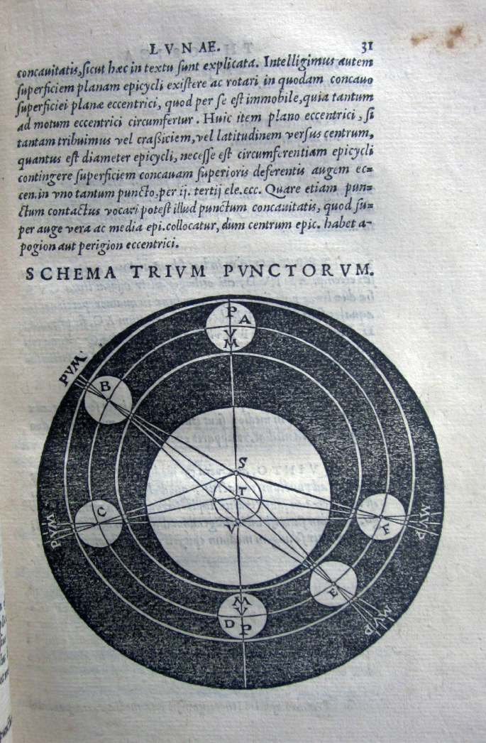 A photograph of a book page with a theory and a diagram of the three points in the movement of the moon is represented by circles, lines, and rings.