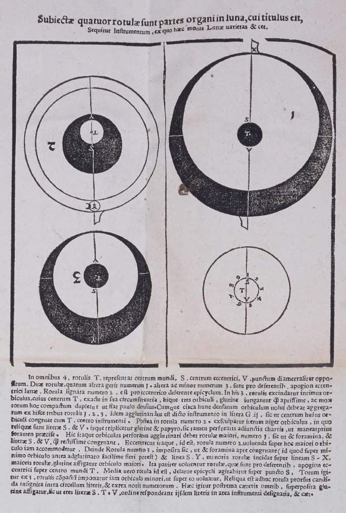 A photo of a book page with a theory and four diagrams of moving discs of the instrument for observing the relationship between the movement of the sun and lunar orbs and the mounting instructions.