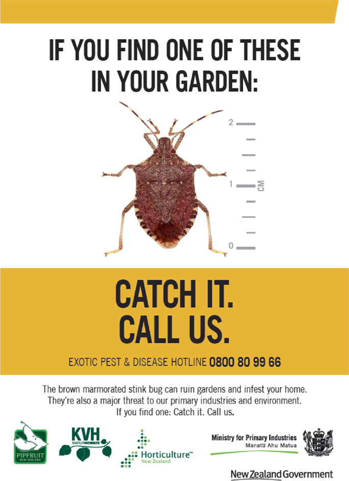 A poster represents the awareness of pest control by the New Zealand Government. The image of an insect is given along with the text if you find one of these in your garden: catch it, call us. The hotline number for exotic post and disease hotline is also given below the image.