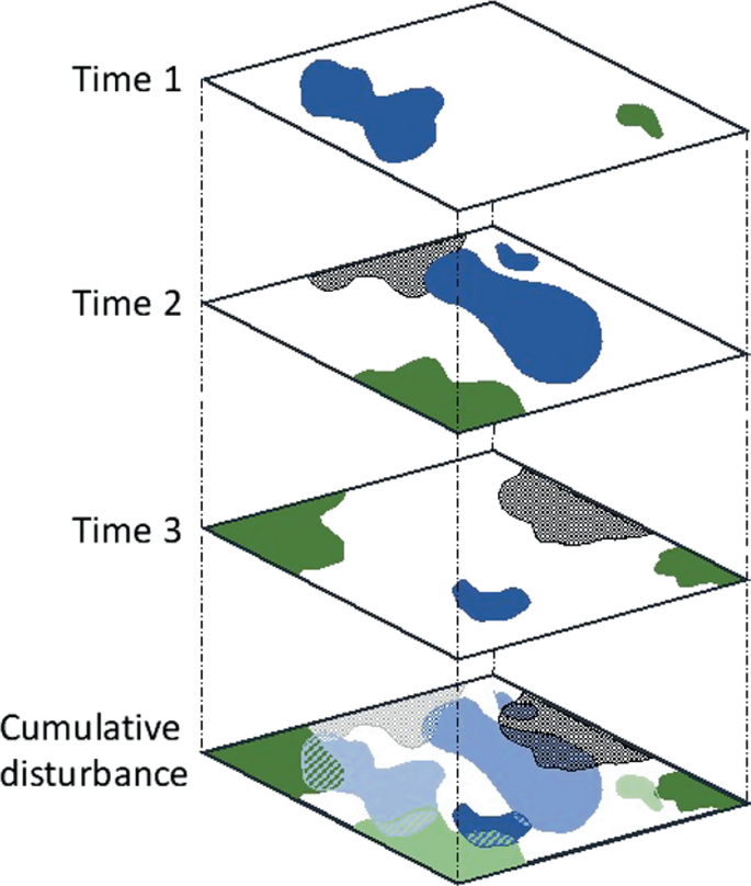 A diagram of a cumulative disturbance on a landscape over 3 different times.