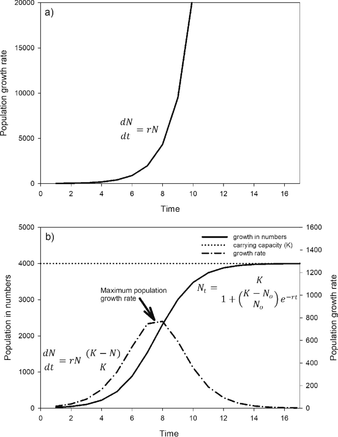 2 graphs. Graph A plots the population growth rate versus time. It exhibits a steeply increasing curve with a label, d N over d t equals r N. Graph B plots the population in numbers and population growth rate versus time. It displays a constant line for carrying capacity, a bell curve for growth rate, with an indication of the maximum population growth rate at the peak, and an s-shaped curve for growth in numbers.